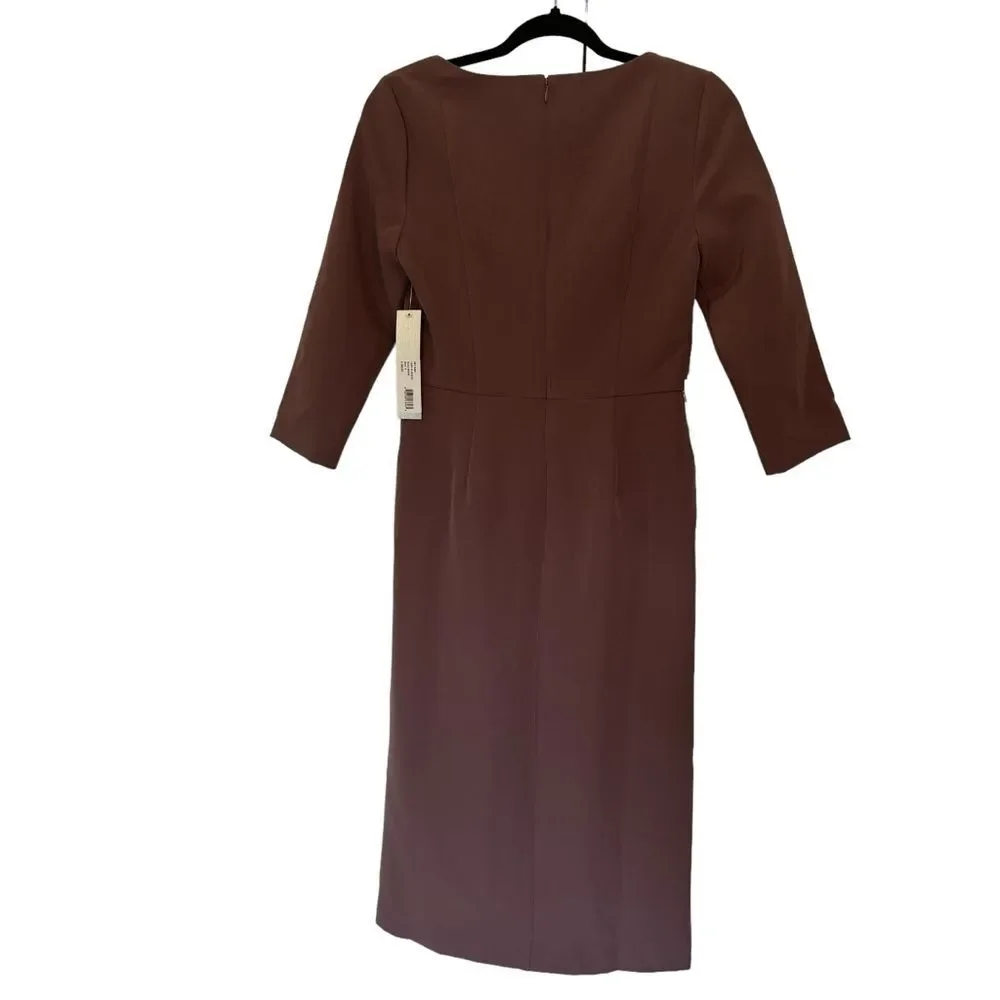 NWT KAY UNGER Size 4 Anya Asymmetric Crepe Midi-Dress - Mink color